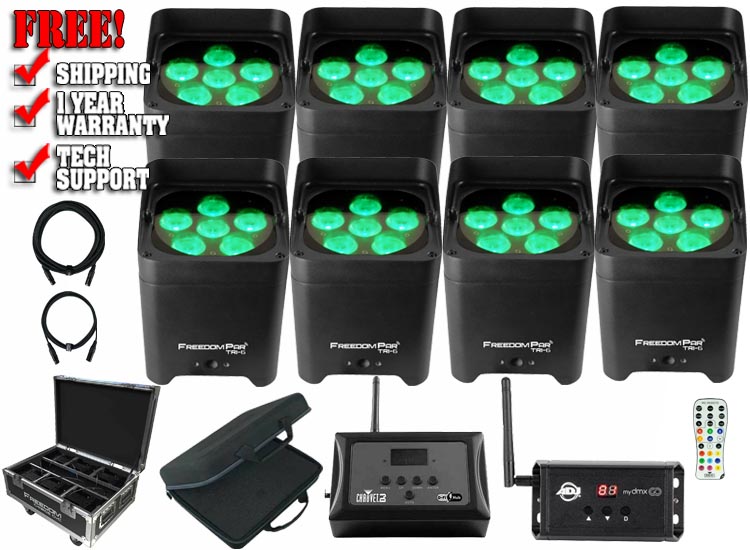 (8) Chauvet DJ Freedom Par Tri-6 Wireless RGB LED Wash Light with Charging Case Pack