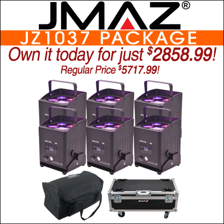 JMAZ Lighting JZ1037 MAD PAR RB RGBWAC LED Uplight with Charging Case Package