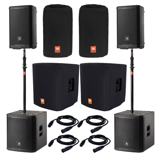 (2) JBL PRX912 and (2) JBL PRX918XLF with Covers and Pole Package