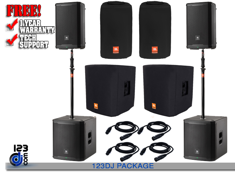 (2) JBL PRX912 and (2) JBL PRX918XLF with Covers and Pole Package