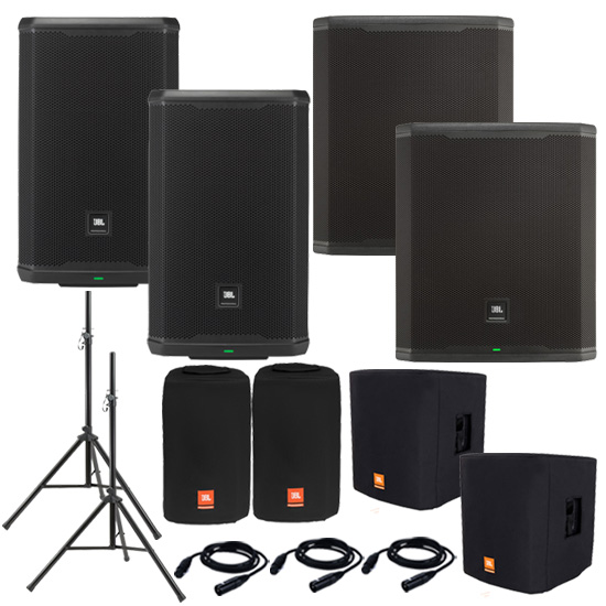 (2) JBL PRX912 and (2) JBL PRX918XLF with Covers and Stands Package