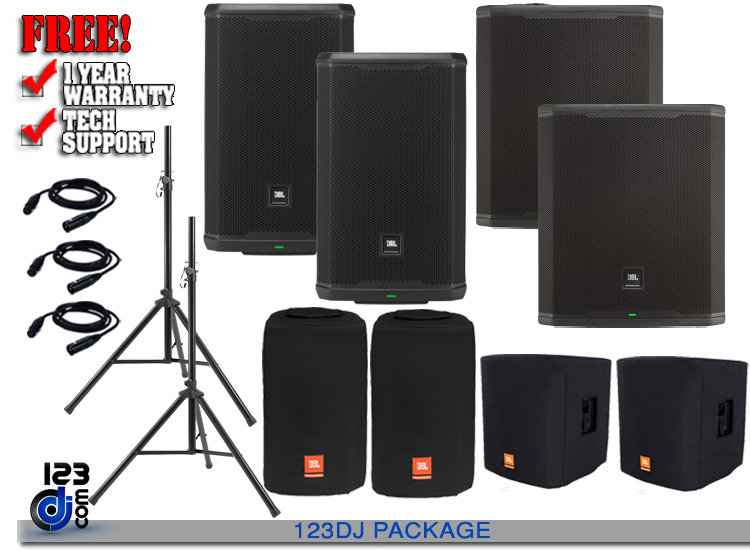 (2) JBL PRX912 and (2) JBL PRX918XLF with Covers and Stands Package