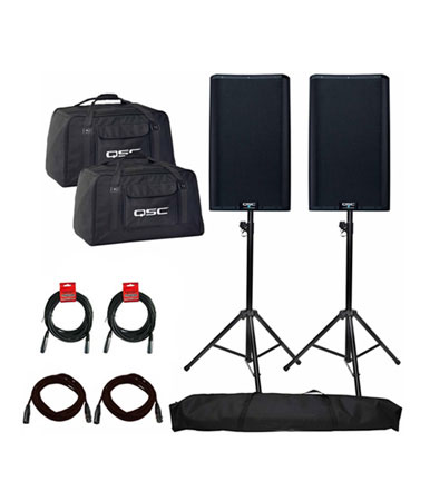 (2) QSC K12.2 K2 Series 12" Loudspeakers with Stands, Cables & Tote Bags Package