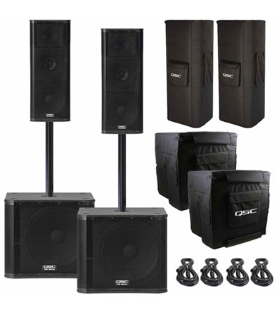 (2) QSC KW153 3-Way Active Speaker with 15inch Woofer & 6.5inch Midrange Woofer and (2) KW181 Subwoofers Package