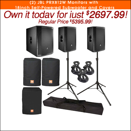 (2) JBL PRX812W Monitors with 18inch Self-Powered Subwoofer and Covers 