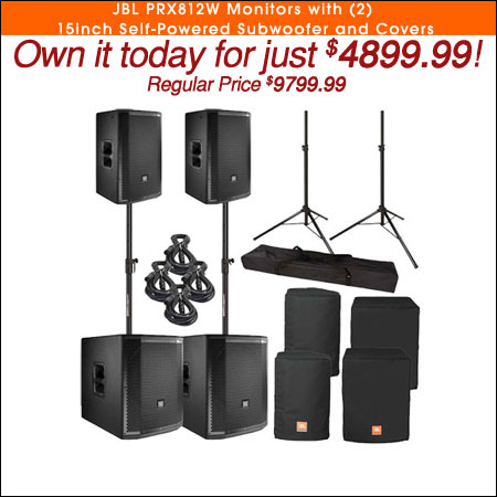 (2) JBL PRX812W Monitors with (2) 15inch Self-Powered Subwoofer and Covers 