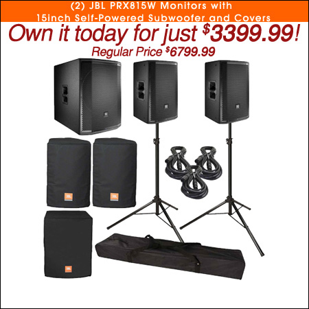 (2) JBL PRX812W Monitors with 15inch Self-Powered Subwoofer and Covers 