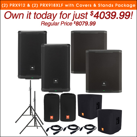  (2) JBL PRX912 and (2) JBL PRX918XLF with Covers and Stands Package 