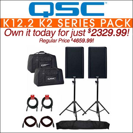  (2) QSC K12.2 K2 Series 12" Loudspeakers with Stands, Cables & Tote Bags Package 