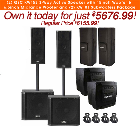 (2) QSC KW153 3-Way Active Speaker with 15inch Woofer & 6.5inch Midrange Woofer and (2) KW181 Subwoofers Package 