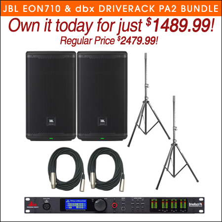JBL EON710 Speakers and dbx DriveRack PA2 Bundle