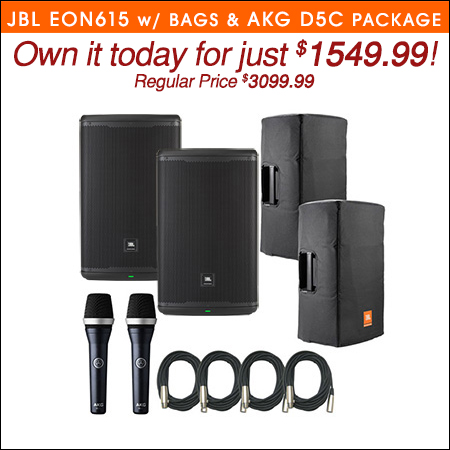  JBL EON715 Speakers w/ Bags & AKG D5C Microphones 