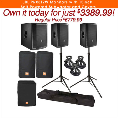 (2) JBL PRX812W Monitors with 15inch Self-Powered Subwoofer and Covers 