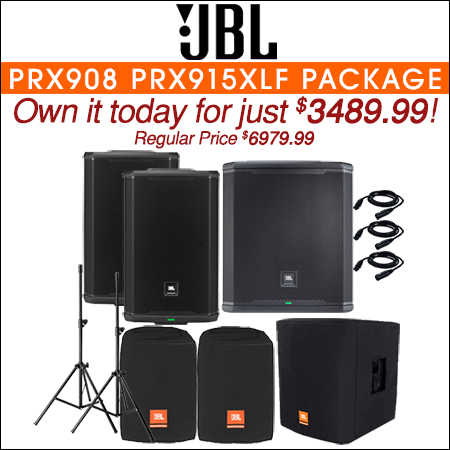  (2) JBL PRX908 and PRX915XLF with CVR Speaker Stands Package