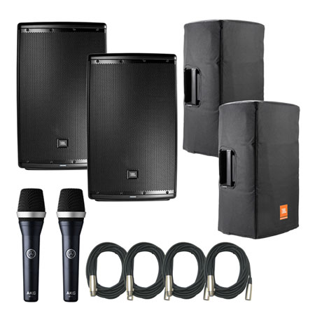 JBL EON615 Speakers w/ Bags & AKG D5C Microphones