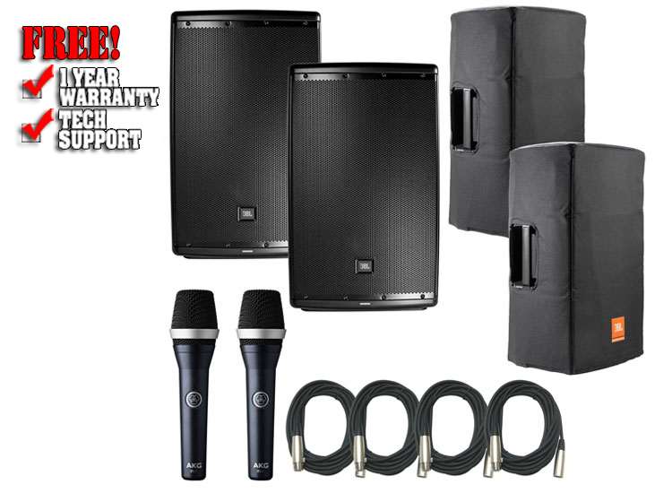 JBL EON615 Speakers w/ Bags & AKG D5C Microphones