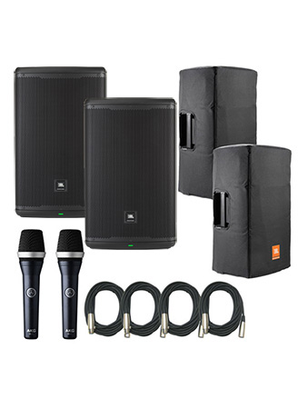 JBL EON715 Speakers w/ Bags & AKG D5C Microphones
