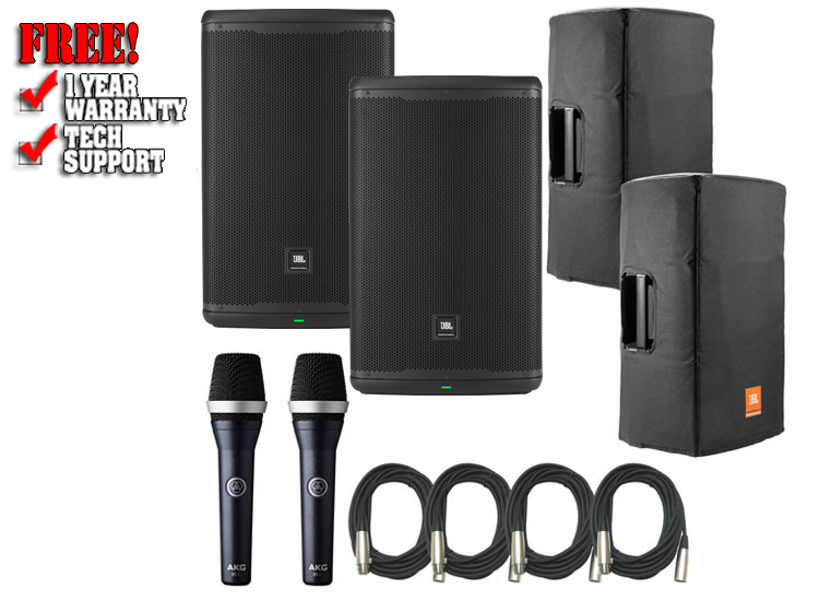 JBL EON715 Speakers w/ Bags & AKG D5C Microphones