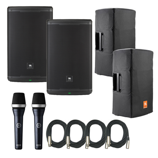 JBL EON615 Speakers w/ Bags & AKG D5C Microphones