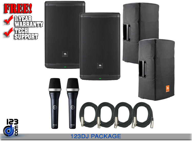 JBL EON615 Speakers w/ Bags & AKG D5C Microphones
