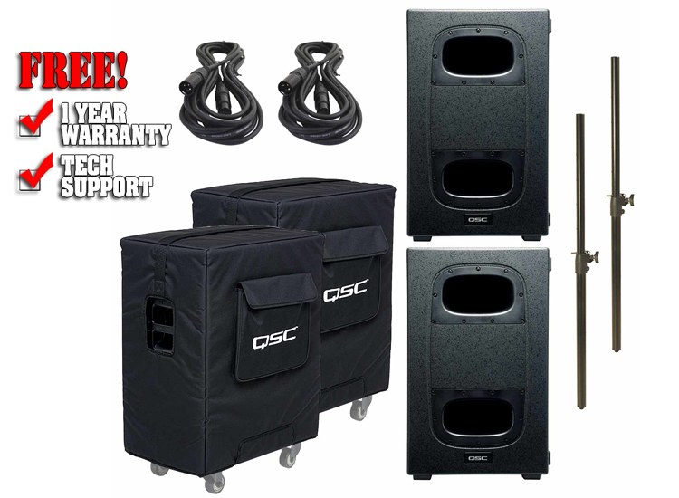 QSC KS212C Powered Dual 12-inch Cardioid Subwoofers with Covers and Poles Duo Package