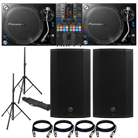 (2) Pioneer DJ PLX1000 Turntable, Pioneer DJ DJM-S11 SE Mixer, (2) Mackie Thump12A, Speaker Stands, (4) XLR Cables Bundle