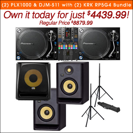  (2) Pioneer DJ PLX1000 Turntable, Pioneer DJ DJM-S11 SE Mixer, (2) KRK RP5G4 Monitors, KRK 10S V2 Sub, Speakers Stands Bundle 