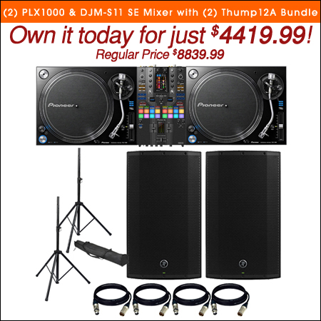  (2) Pioneer DJ PLX1000 Turntable, Pioneer DJ DJM-S11 SE Mixer, (2) Mackie Thump12A, Speaker Stands, (4) XLR Cables Bundle 