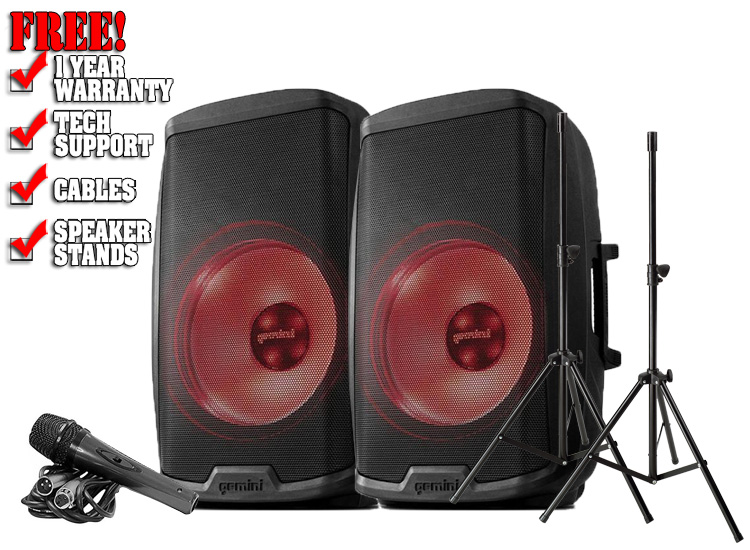 Gemini AS-2115BT-LT-PK Active 15" LED Party Light Loudspeaker with Stand & Microphone