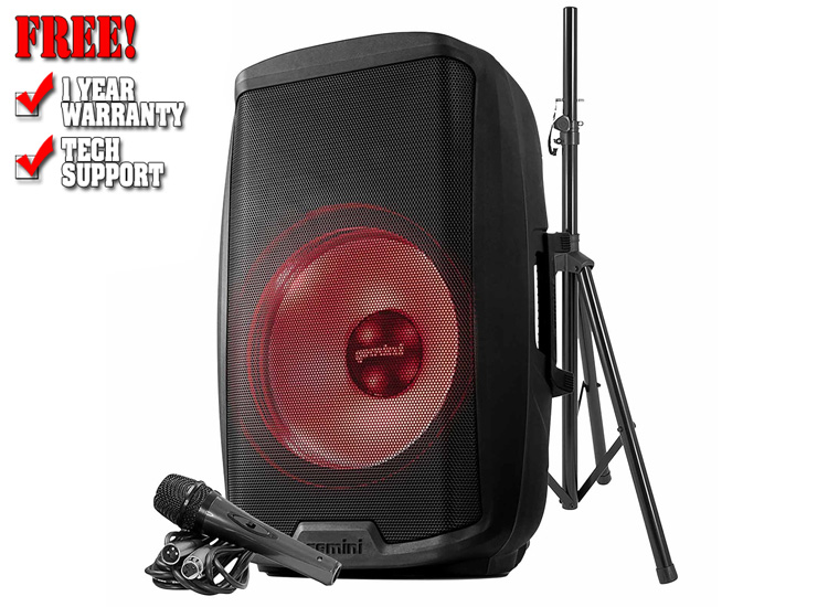 Gemini AS-2115BT-LT-PK Active 15" LED Party Light Loudspeaker with Stand & Microphone