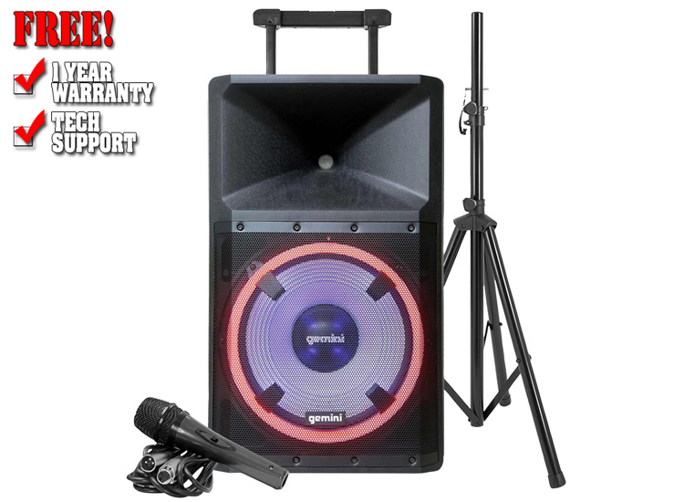 Gemini GSP-L2200PK 15" Bluetooth Portable LED Speaker with Stand and Microphone Bundle