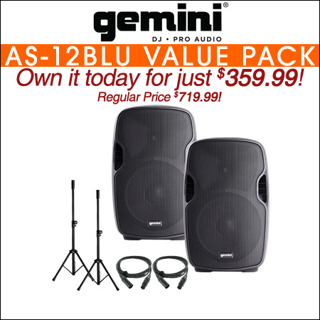 Gemini AS-12BLU 12-Inch Powered Bluetooth Loudspeaker VALUE PACK