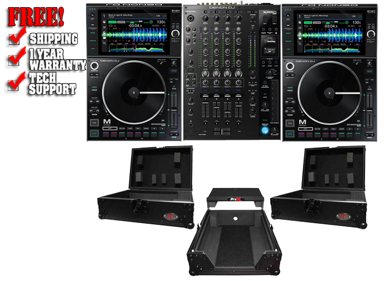 (2) Denon DJ SC6000M Prime Media Players and X1850 Prime 4-Channel Club Mixer with Black ATA Cases Pro DJ Package