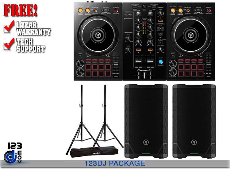 Pioneer DDJ-400 and Mackie SRT 212 with Gemini DJ ST-Pack Package