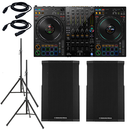 Pioneer DDJ-FLX10 and (2) Cerwin Vega CVE-15 with Stands and Cables Package