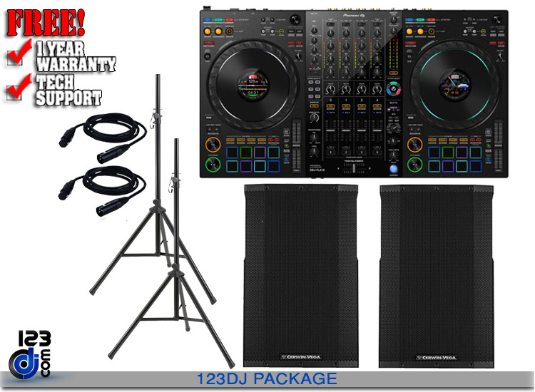 Pioneer DDJ-FLX10 and (2) Cerwin Vega CVE-15 with Stands and Cables Package 
