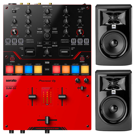 Pioneer DJ DJM-S5 DJ Mixer & 2 JBL PRO 305P MkII Studio Monitor Package