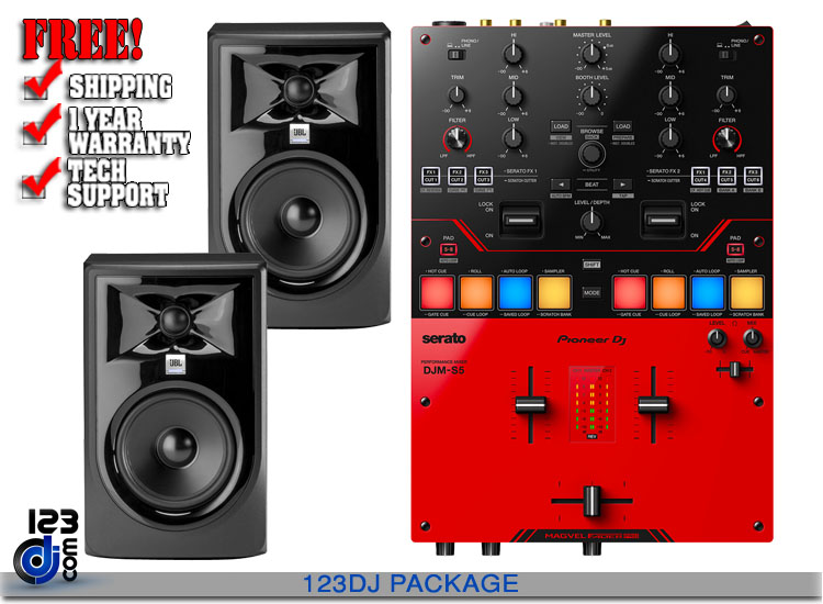 Pioneer DJ DJM-S5 DJ Mixer & 2 JBL PRO 305P MkII Studio Monitor Package