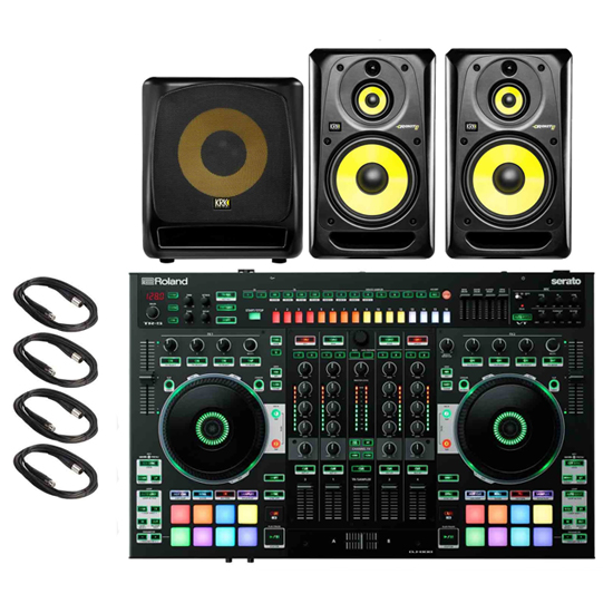 Roland DJ-808 4-Channel Mixer & DJ Controller & KRK RP103G3 10" 3-Way Active Studio Monitors & 12S2 v2 12" Subwoofer Package