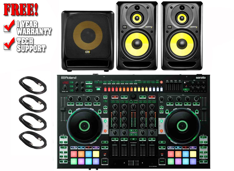 Roland DJ-808 4-Channel Mixer & DJ Controller & KRK RP103G3 10" 3-Way Active Studio Monitors & 12S2 v2 12" Subwoofer Package