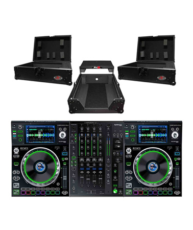 (2) Denon SC5000 Prime and X1800 Prime Mixer with Black ATA Cases DJ Package