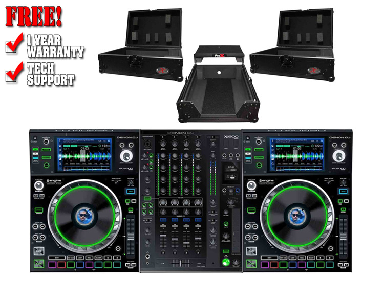 (2) Denon SC5000 Prime and X1800 Prime Mixer with Black ATA Cases DJ Package